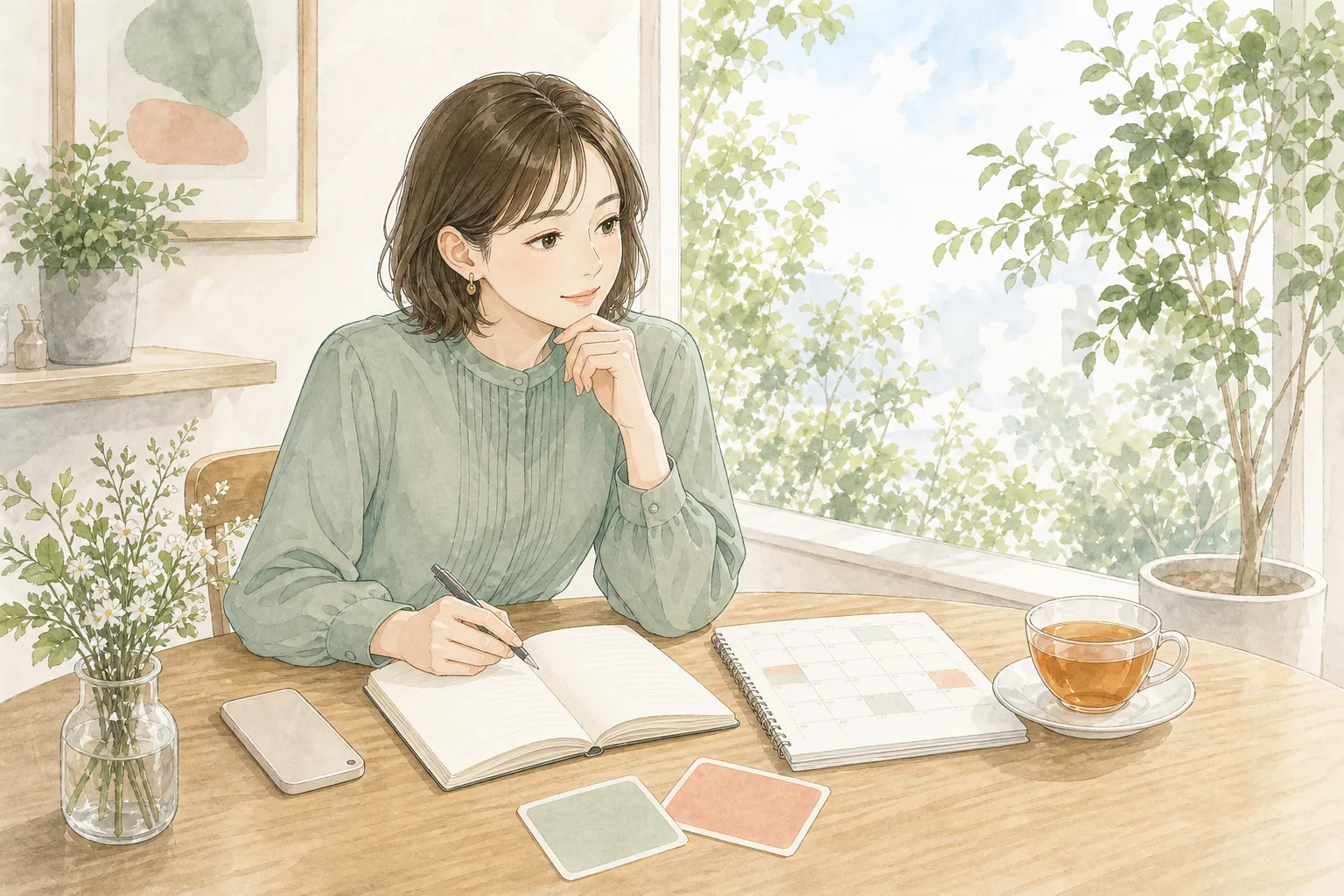 ノートと予定表を開き、無理のない婚活計画を考える人のイラスト