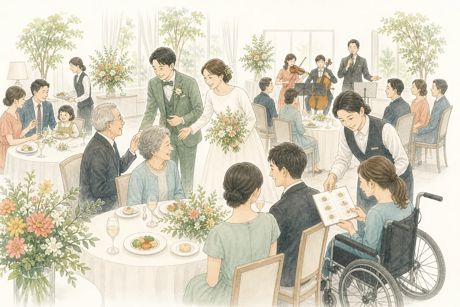 幅広いゲストを迎え、料理と音楽を楽しむ披露宴のイラスト