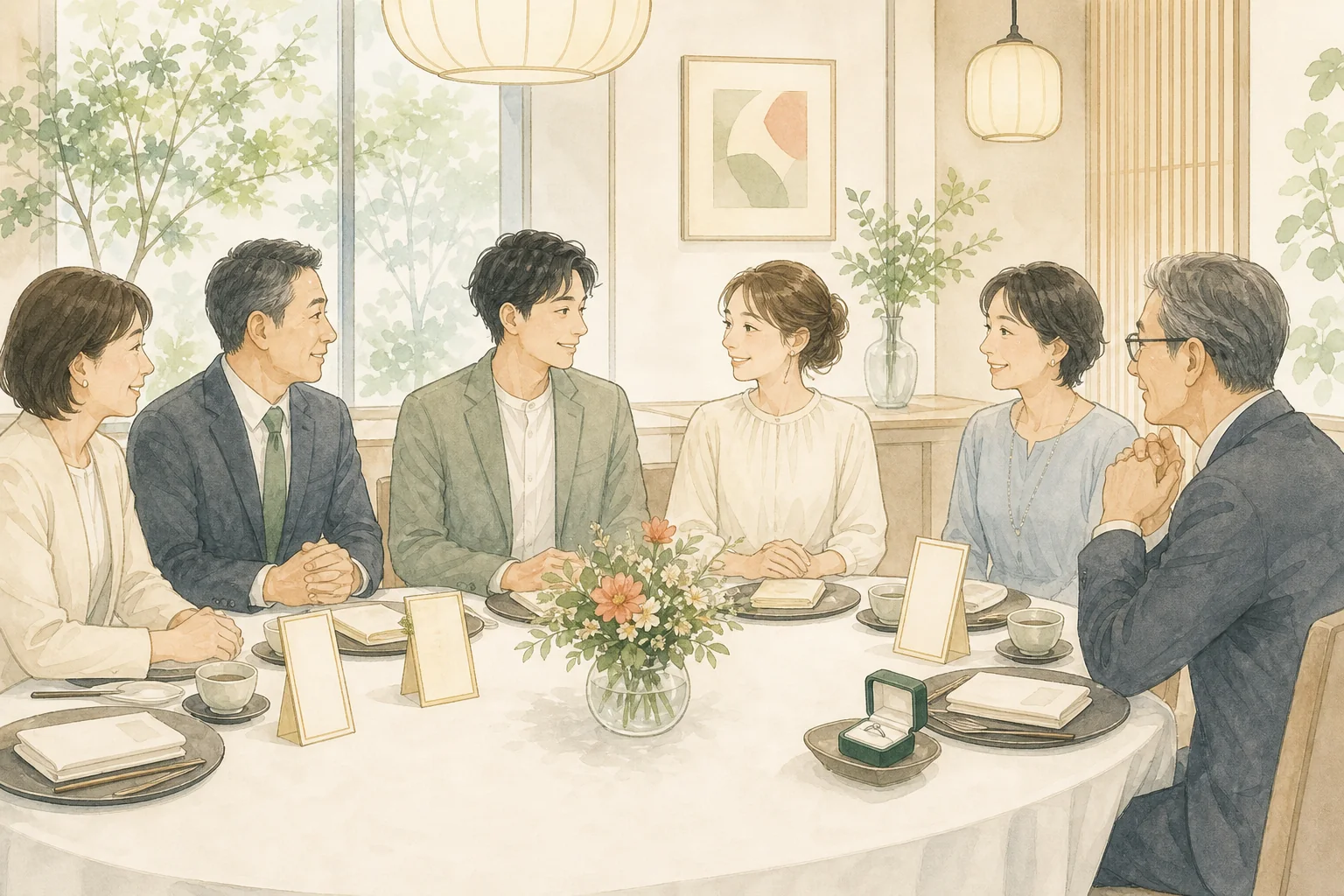 両家が食事を囲み、結婚について穏やかに話すイラスト