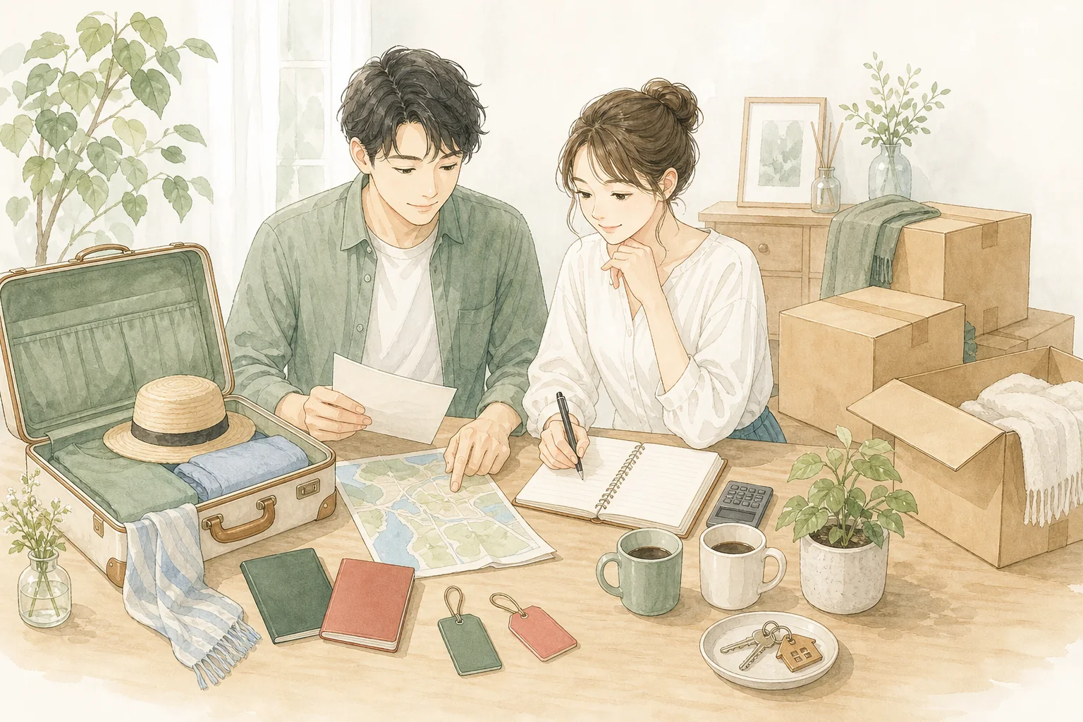 新婚旅行、引越し、家計など新生活の準備を進めるイラスト