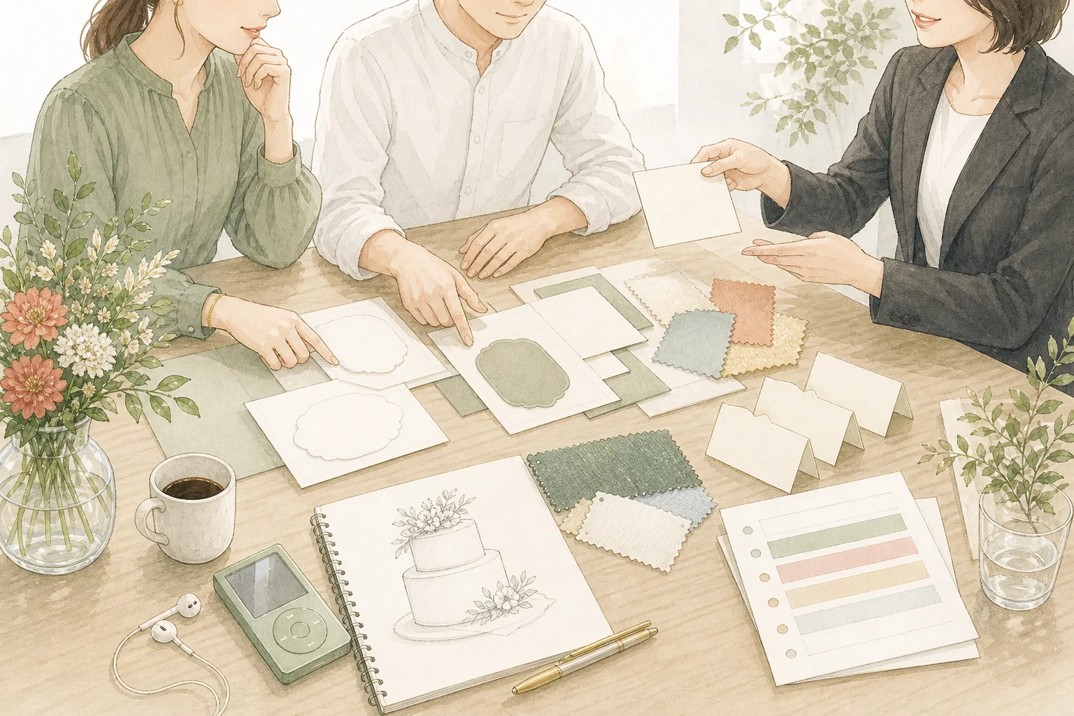 招待状や布、装花、料理など結婚式の準備物を相談するイラスト
