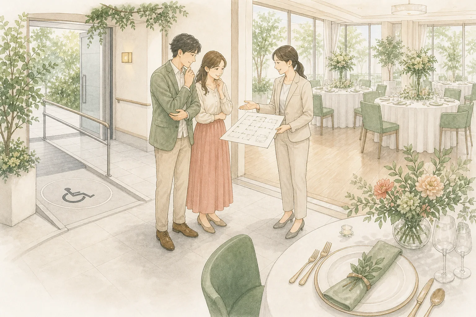 結婚式場の動線や設備、テーブル配置を確認するイラスト