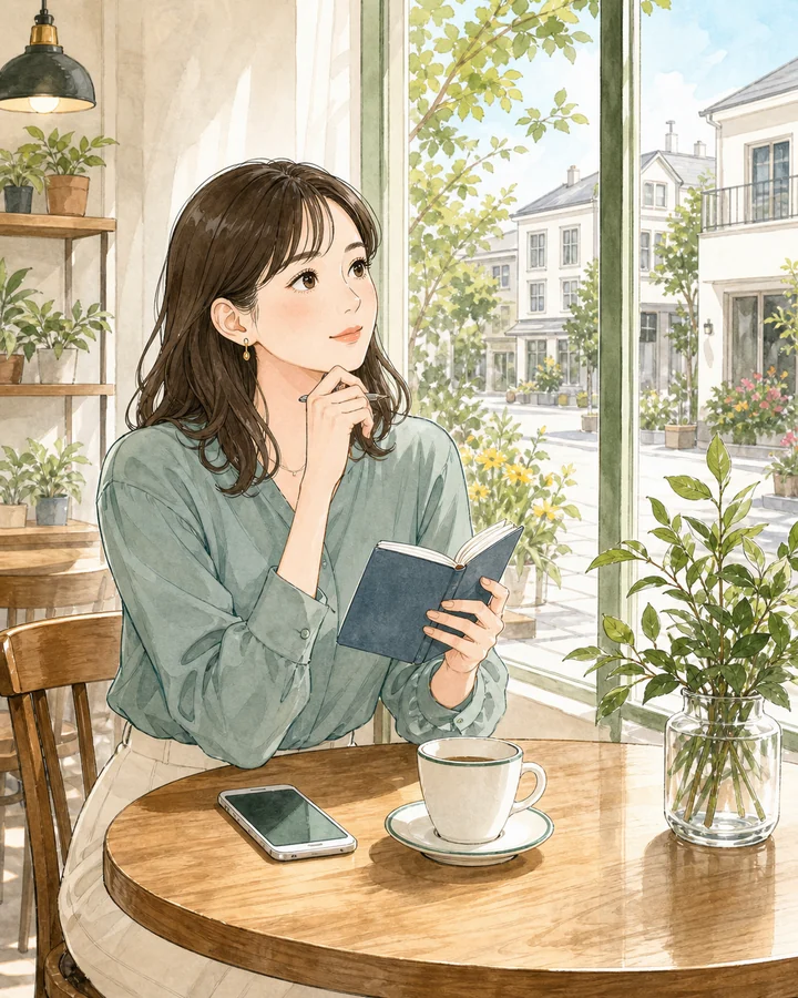 カフェでノートを開き、婚活について考える女性のイラスト