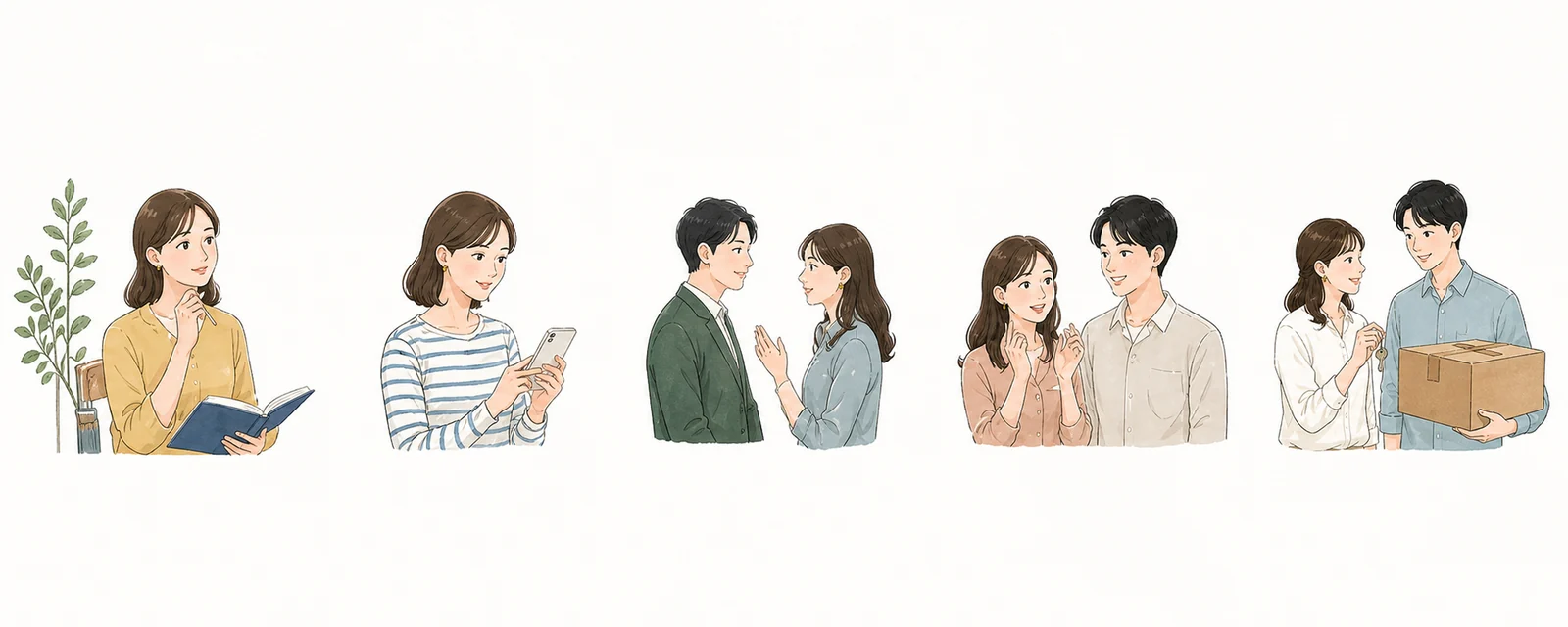 婚活開始、出会い探し、交際、婚約、新生活の5段階を表したイラスト