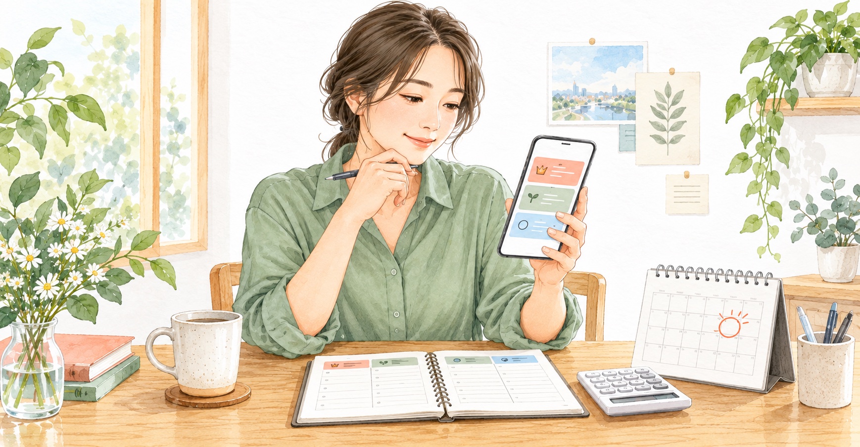 スマートフォンの料金プランとノート、カレンダーを照合する人のイラスト