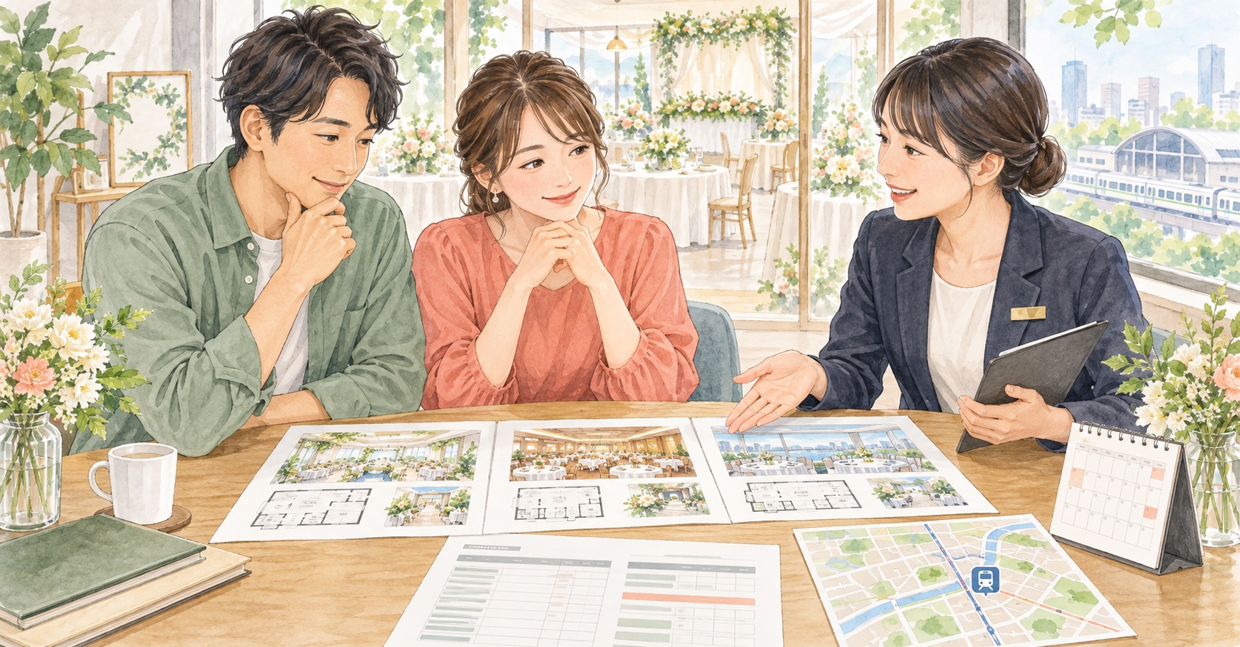 相談員と会場レイアウト、予算表、駅からの地図を比較する二人のイラスト